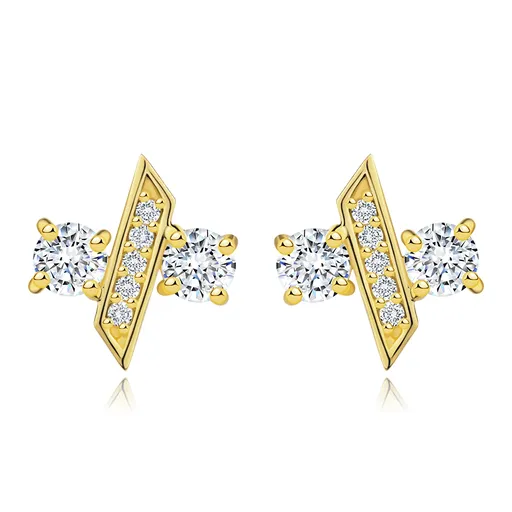 Zlaté 9K náušnice zo žltého zlata - okrúhle zirkóny, šikmá palička