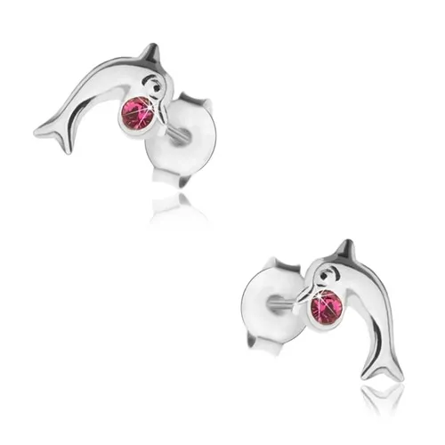 Puzetové náušnice, striebro 925, lesklý skáčuci delfín, krištálik fuksiovej farby