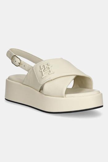 Kožené sandále Tommy Hilfiger TH LOGO HW PADDED LEATHER SANDAL dámske, béžová farba, na platforme, FW0FW08808