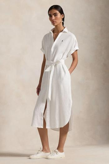 Ľanové šaty Polo Ralph Lauren biela farba, midi, rovný strih, 211959912