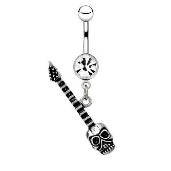 Oceľový piercing do bruška - lesklá gitara s lebkou