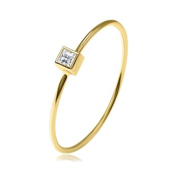Prsteň zo žltého 14K zlata - kocka s čírym zirkónom, tenké ramená - Veľkosť: 60 mm