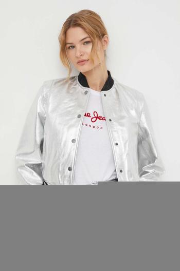 Kožená bunda bomber Pepe Jeans SELENA dámska, strieborná farba, prechodná, PL402325