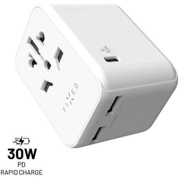 FIXED Voyage Travel GaN Adaptér EÚ UK USA/AUS s 1× USB-C a 2× USB výstupom PD 30 W biely (FIXCT30-1C2A-WH)