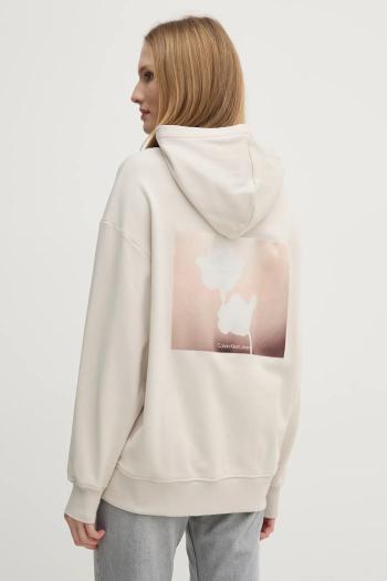 Bavlnená mikina Calvin Klein Jeans dámska, béžová farba, s kapucňou, jednofarebná, J20J225080