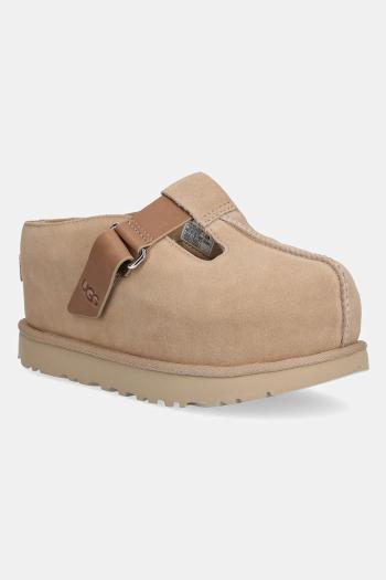 Semišové šľapky UGG Goldenstar Hi Clog dámske, béžová farba, na platforme, 1167550-SAN
