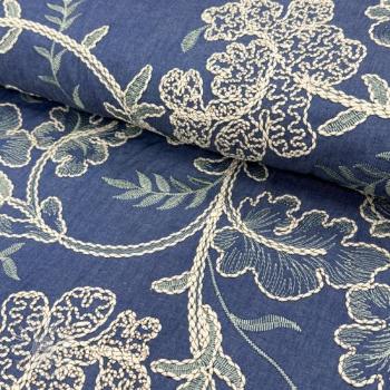 Bavlnená látka JEANS Embroidery leaves light blue
