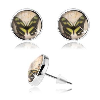 Cabochon náušnice, číra glazúra, obrázok motýľa, puzetky