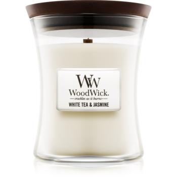 Woodwick White Tea & Jasmine vonná sviečka s dreveným knotom 275 g