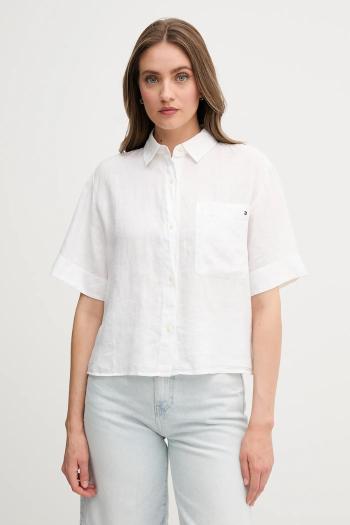 Ľanová košeľa Tommy Hilfiger béžová farba, voľný strih, s klasickým golierom, WW0WW44720
