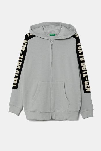 Detská bavlnená mikina United Colors of Benetton šedá farba, s kapucňou, s potlačou, 3J68C504R