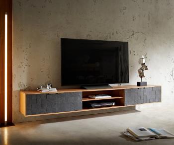 TV stolík Teele 240 cm prírodná akáciová bridlica 4 dvierka na