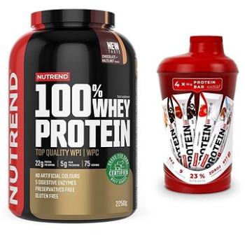 Nutrend 100 % Whey Protein 2250 g, čokoláda + lieskový orech + MULTIPACK Protein bar + šejker, 4× 55