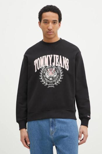 Bavlnená mikina Tommy Jeans pánska, čierna farba, s nášivkou, DM0DM20640