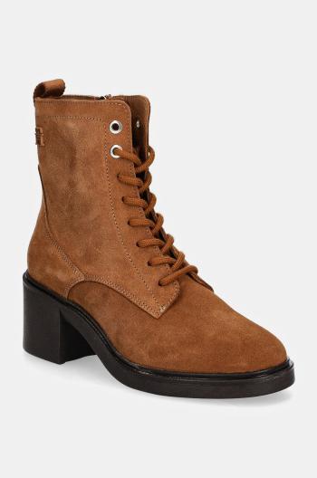 Semišové topánky Tommy Hilfiger SUEDE MID HEEL LACEUP LOGOTAPE dámske, hnedá farba, na podpätku, FW0FW08090