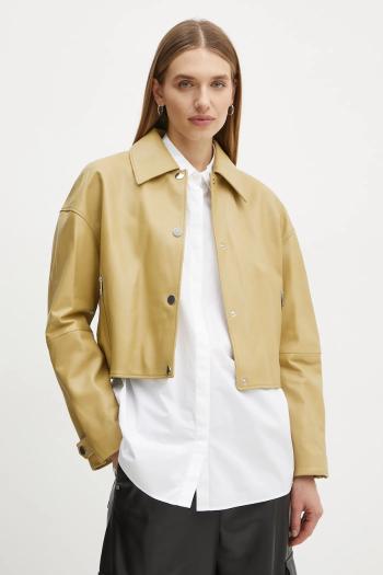Kožená bunda BOSS dámska, zelená farba, prechodná, oversize, 50535759