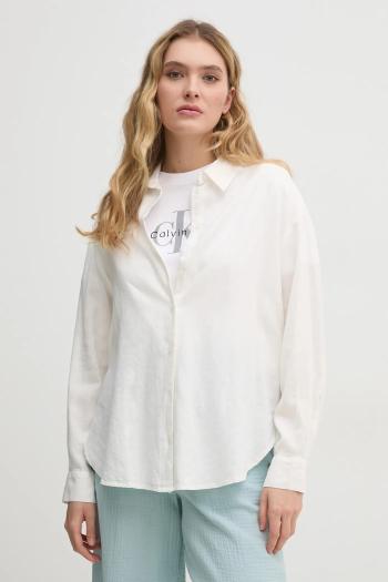 Ľanová košeľa Dkny dámska, béžová farba, regular, s klasickým golierom, DJ5W2111