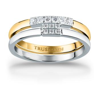 Trussardi Krásny bicolor prsteň z ocele so zirkónmi T-Logo TJAXC41 52 mm