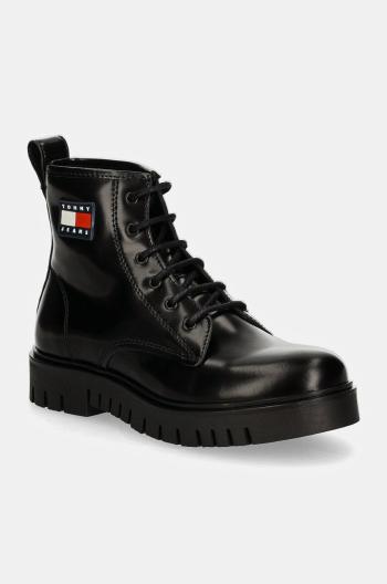 Kožené workery Tommy Jeans TJW LACE UP BOOT dámske, čierna farba, na platforme, EN0EN02624