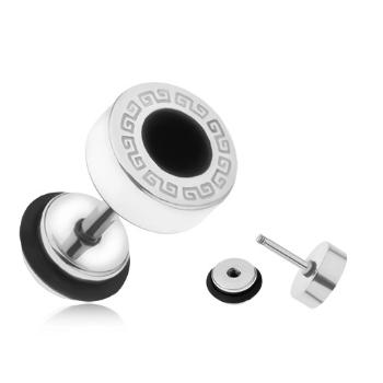 Oceľový fake plug do ucha, grécky kľúč, čierny glazúrovaný kruh, 8 mm