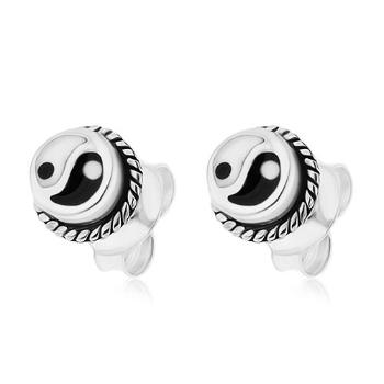 Okrúhle puzetové náušnice, striebro 925, čierno-biely symbol Jin a Jang