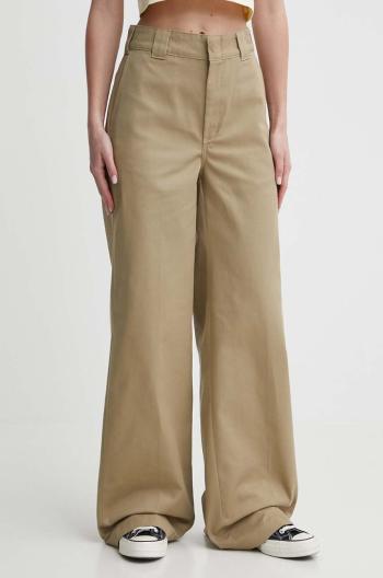 Nohavice Dickies WIDE LEG WORK PANT W dámske, zelená farba, široké, vysoký pás, DK0A4YSE