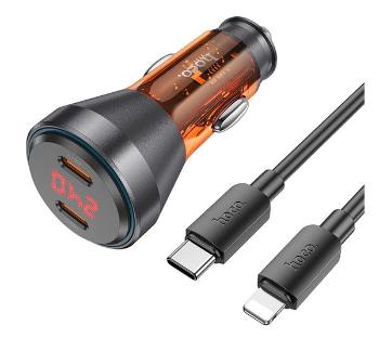 Hoco autós töltő 2 x USB-C QC 30W digitális kijelzővel, USB-C kábellel, (Lightning PD60W) átlátszó narancssárga