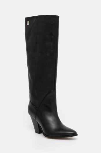 Vysoké čižmy Tommy Hilfiger HIGH COWBOY HEEL BOOT LEATHER dámske, čierna farba, na podpätku, FW0FW08296