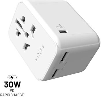 Töltő adapter FIXED Travel GaN Adapter EU UK USA / AUS 1 x USB-C + 2 x USB - PD, 30W, fehér