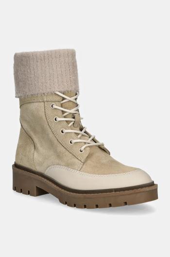 Členkové topánky Calvin Klein Jeans COMBAT MID LACE UP BOOT WL dámske, béžová farba, na plochom podpätku, YW0YW01599