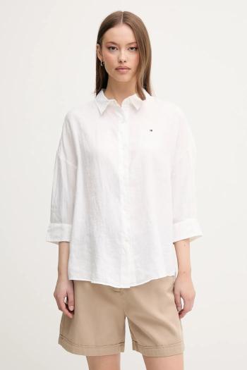 Ľanová košeľa Tommy Hilfiger biela farba, voľný strih, s klasickým golierom, WW0WW46169