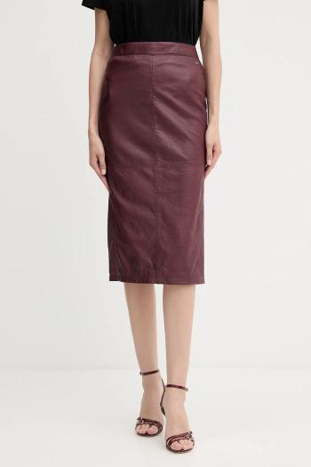 Kožená sukňa Armani Exchange bordová farba, midi, puzdrová, XW001239 AF16212