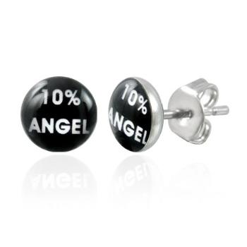 Oceľové náušnice, čierny kruh s bielym nápisom 10% ANGEL