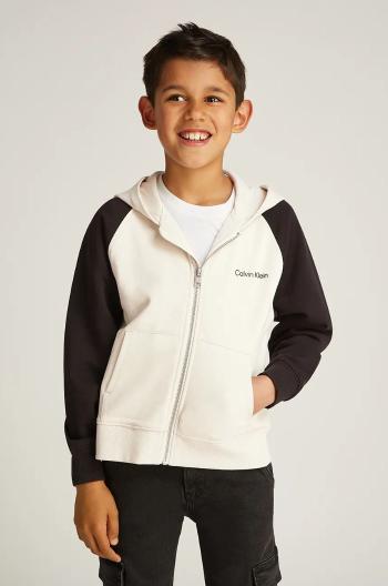 Detská bavlnená mikina Calvin Klein Jeans béžová farba, s kapucňou, jednofarebná, IB0IB02378