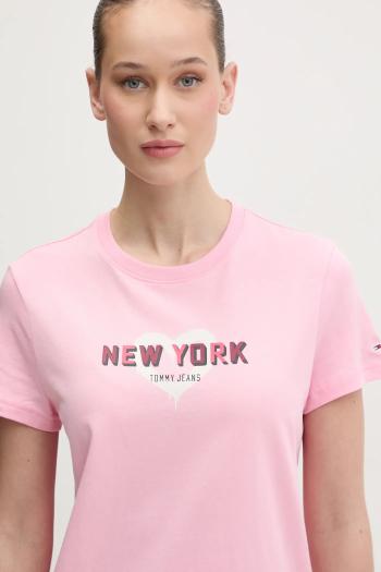 Bavlnené tričko Tommy Jeans dámske, ružová farba, DW0DW21769