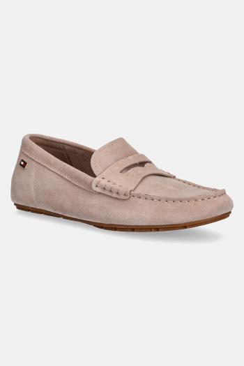 Semišové mokasíny Tommy Hilfiger FLAG SOFT SUEDE DRIVER LOAFER dámske, béžová farba, na plochom podpätku, FW0FW08558