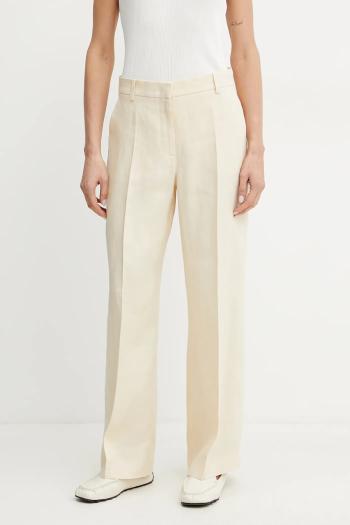 Ľanové nohavice Weekend Max Mara dámske, béžová farba, široké, vysoký pás, 2515131052600