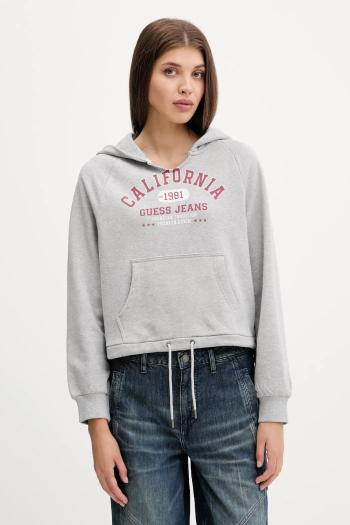 Bavlnená mikina Guess Jeans šedá farba, s kapucňou, s potlačou, W5YQ14 KCPR1