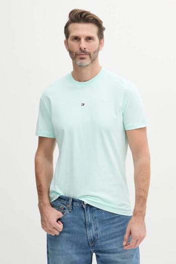 Bavlnené tričko Tommy Jeans pánske, tyrkysová farba, s nášivkou, DM0DM20744