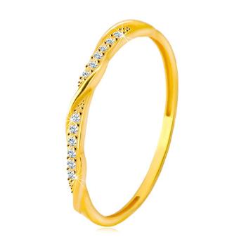 Prsteň zo žltého 14K zlata - číra zirkónová kontúra popretkávaná lesklou a hladkou líniou - Veľkosť: 56 mm