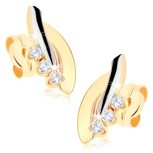 Zlaté náušnice 9K v dvojfarebnom oblúkovom dizajne so zirkónmi