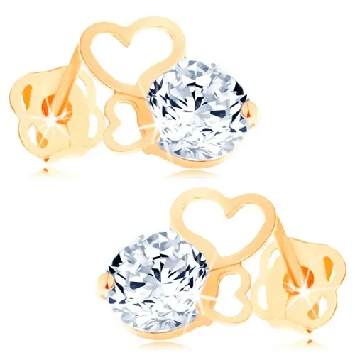 Náušnice zo žltého 14K zlata - obrysy dvoch srdiečok, okrúhly číry zirkón