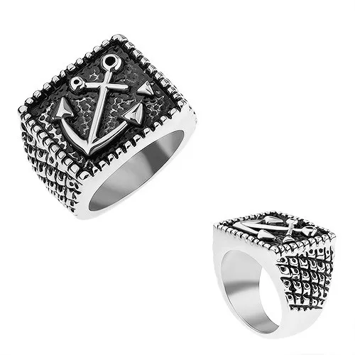 Prsteň z chirurgickej ocele, lodná kotva v obdĺžniku, gravírované ramená - Veľkosť: 57 mm