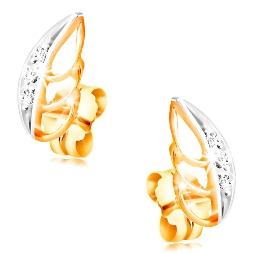 Náušnice v 14K zlate - dvojfarebný lístok zdobený čírymi zirkónikmi