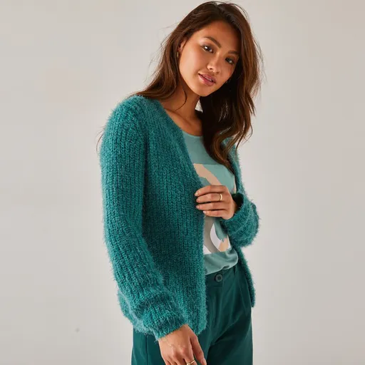 Krátky kardigan z úpletu s predĺženým vláknom