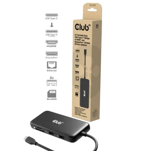 Club3D Dokovacia stanica USB-C 8v1, 1xHDMI, 1xDP, 1xUSB-C, 2xUSB, 1xRJ45, čierna