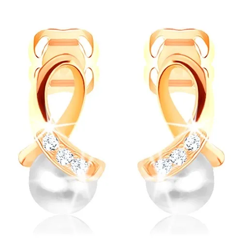 Náušnice v žltom 14K zlate - lesklá slučka vykladaná zirkónikmi, guľatá perlička