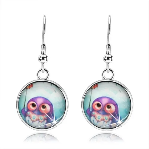 Náušnice cabochon, číra vypuklá glazúra, farebná sova, modré pozadie