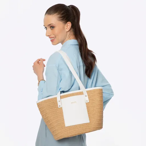 Dámsky tkaný papierový slamený košík béžovo-krémový 100-4Y-906-90