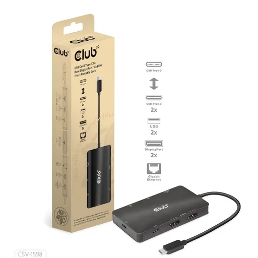 Club3D Dokovacia stanica USB-C 7v1, 2xDP, 2xUSB-C, 2xUSB, 1xRJ45, čierna